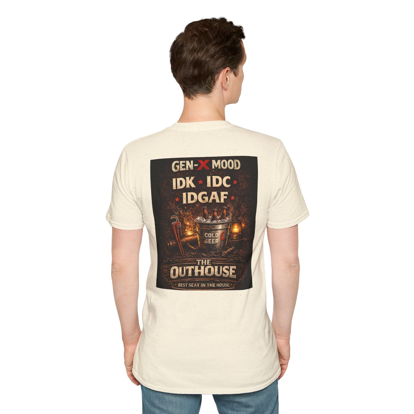 Outhouse Gen-X T-Shirt — "Gen-X Mood: IDK • IDC • IDGAF" Retro Beer Graphic