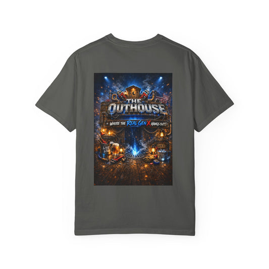 Outhouse Gen X Graphic T-Shirt — Vintage Campfire Adventure Back Print