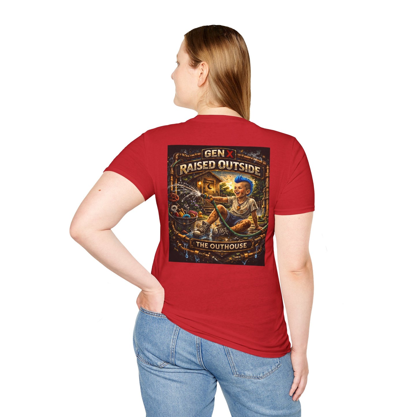 Raised Outside Outhouse Tee — Gen X Retro Outdoor Humor T-Shirt