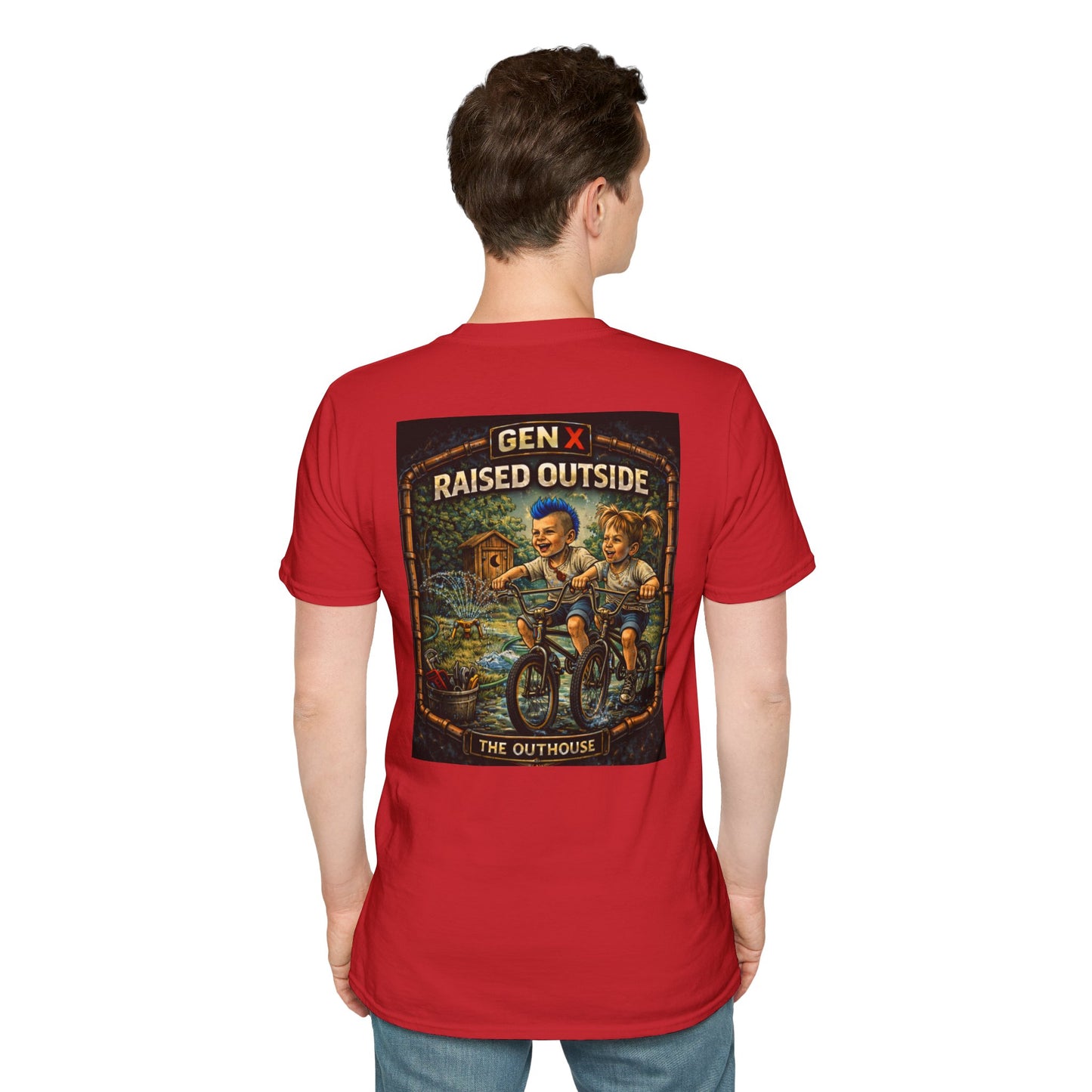 Gen X "Raised Outside" T-Shirt — Retro Outhouse Vintage Graphic Tee
