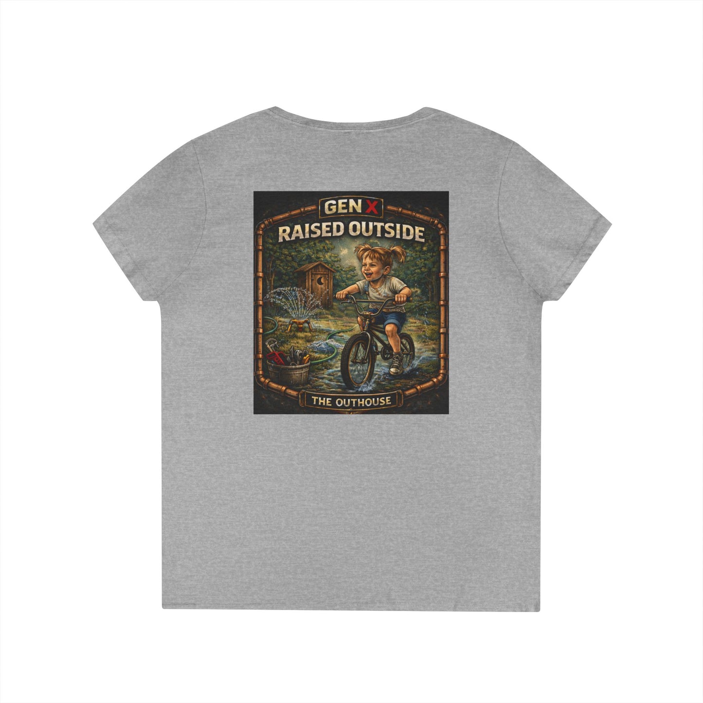 Gen X Raised Outside V‑Neck Tee — "Raised Outside" Retro Bike Graphic