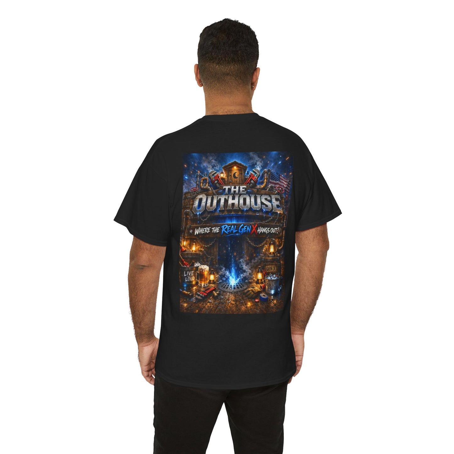The Outhouse Gen X Tee — Retro Campfire Nostalgia Graphic T-Shirt