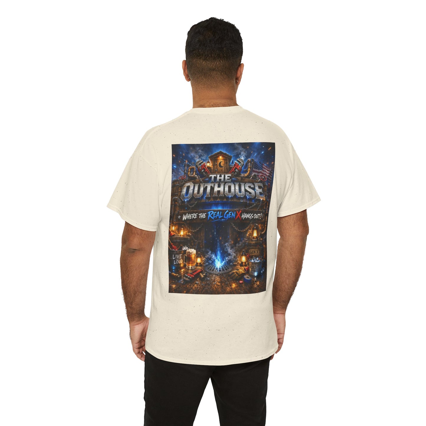 The Outhouse Gen X Tee — Retro Campfire Nostalgia Graphic T-Shirt