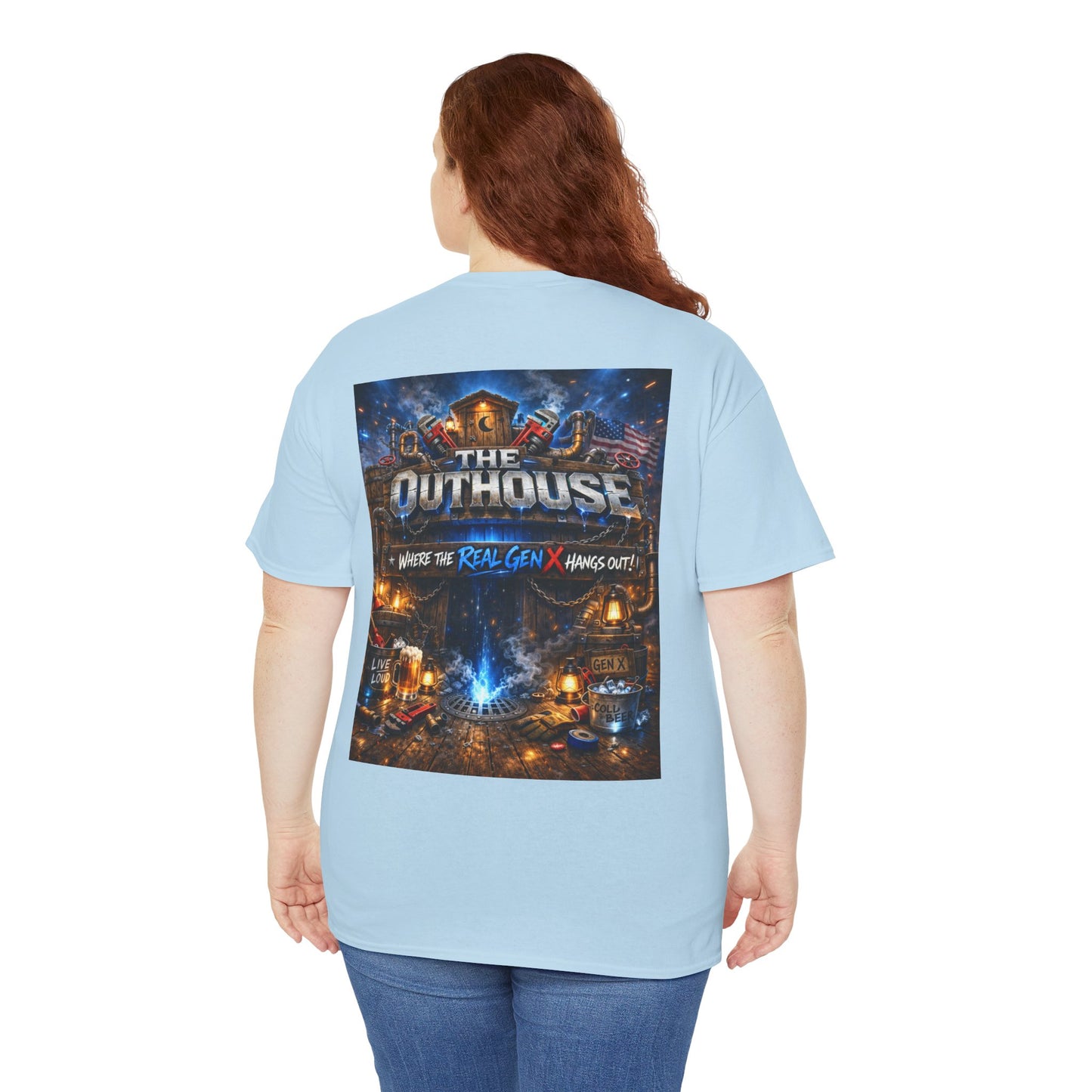 The Outhouse Gen X Tee — Retro Campfire Nostalgia Graphic T-Shirt