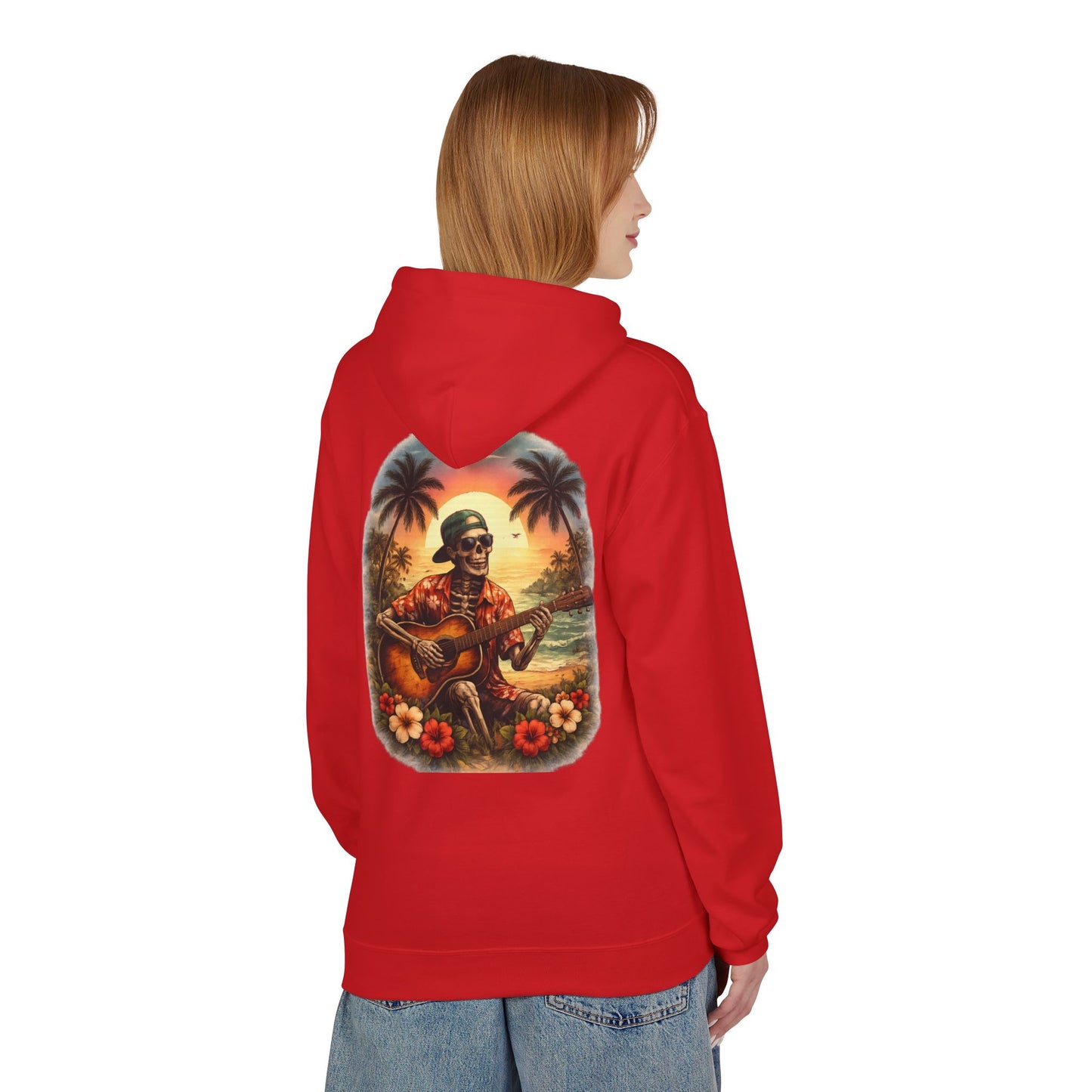 Hawaiian Skeleton Guitar Hoodie — Sunset Palm Vintage Rock Pullover