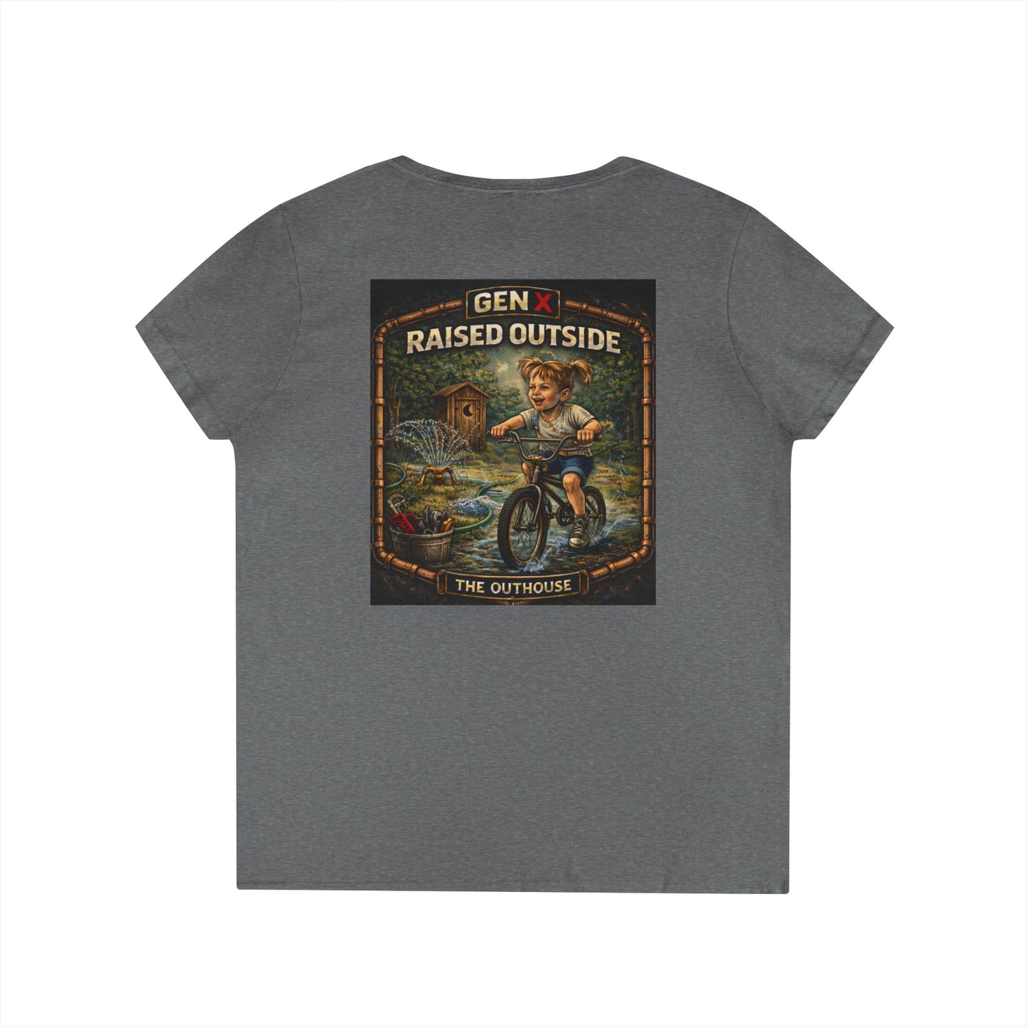 Gen X Raised Outside V‑Neck Tee — "Raised Outside" Retro Bike Graphic