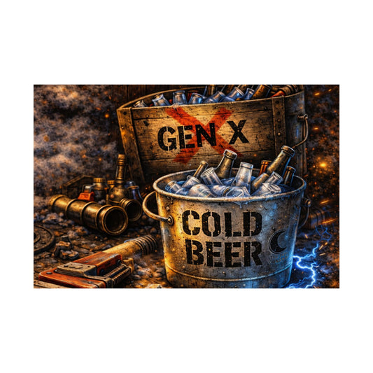 Cold Beer Bucket Poster – 'GEN X' Rustic Bar Decor Satin Print