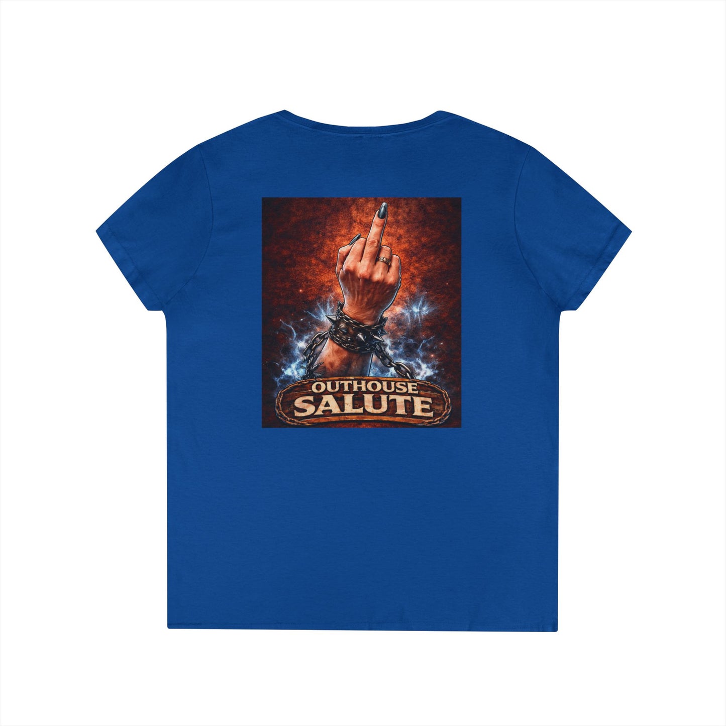 Outhouse Salute V-Neck Tee — Bold Back Graphic Ladies' T-Shirt