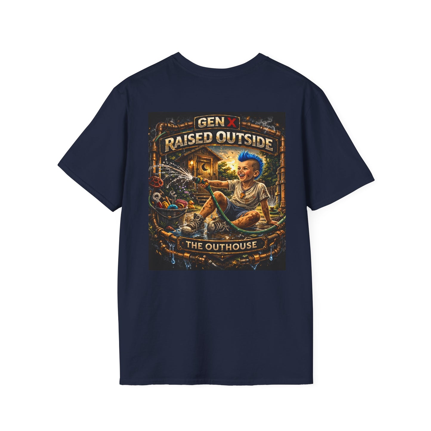 Raised Outside Outhouse Tee — Gen X Retro Outdoor Humor T-Shirt