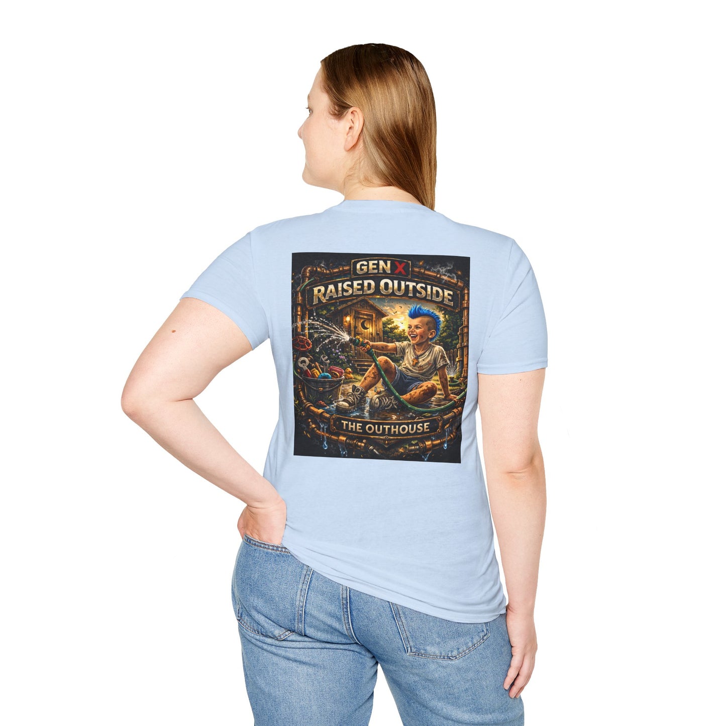 Raised Outside Outhouse Tee — Gen X Retro Outdoor Humor T-Shirt