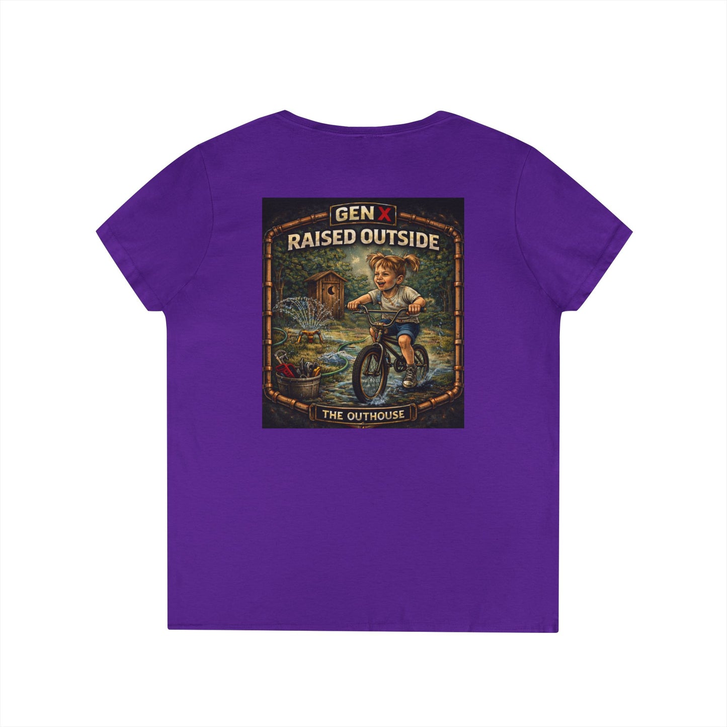 Gen X Raised Outside V‑Neck Tee — "Raised Outside" Retro Bike Graphic