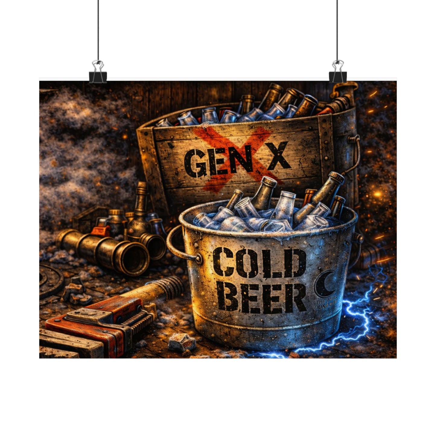 Cold Beer Bucket Poster – 'GEN X' Rustic Bar Decor Satin Print