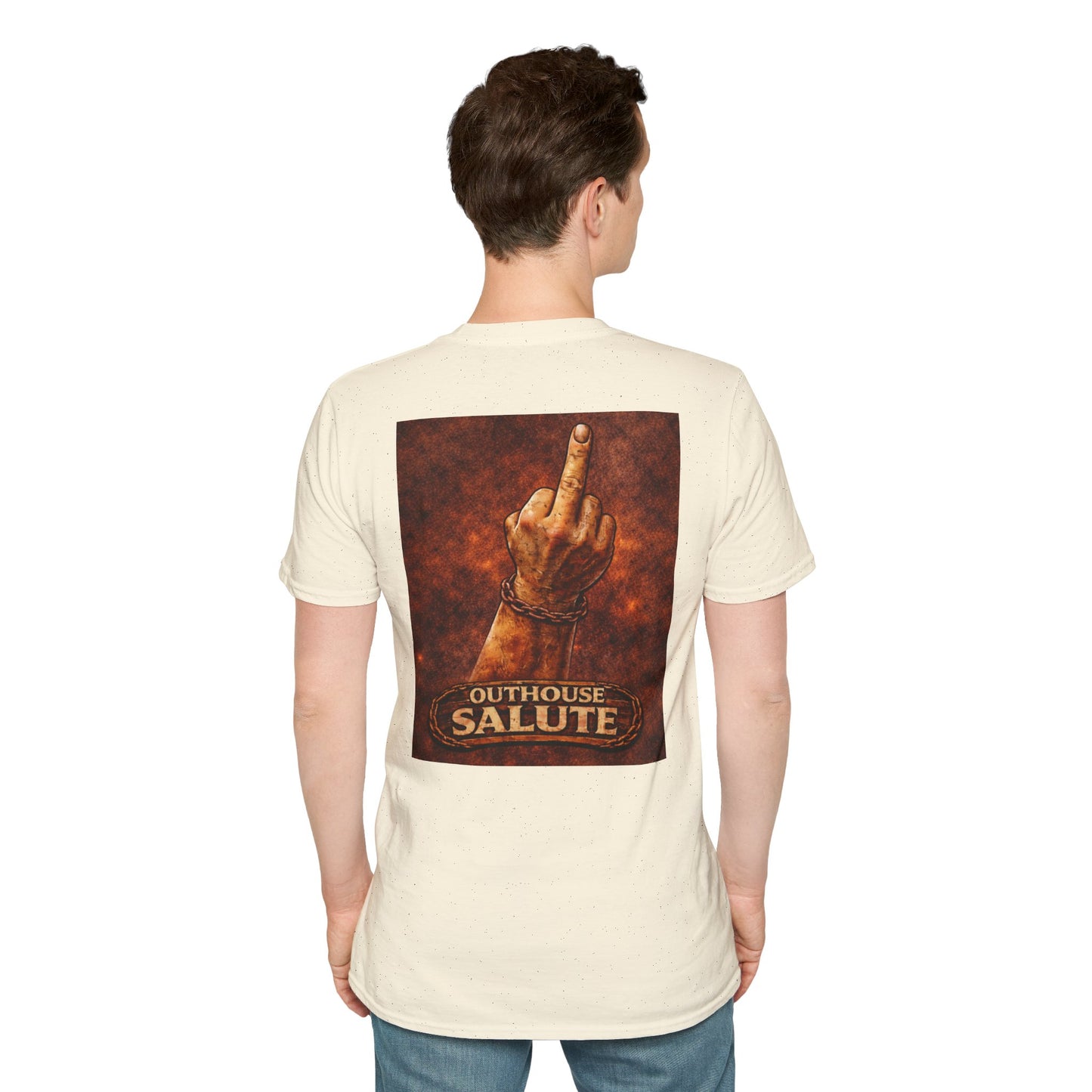 Outhouse Salute T-Shirt — Rustic Hand Gesture Graphic Tee
