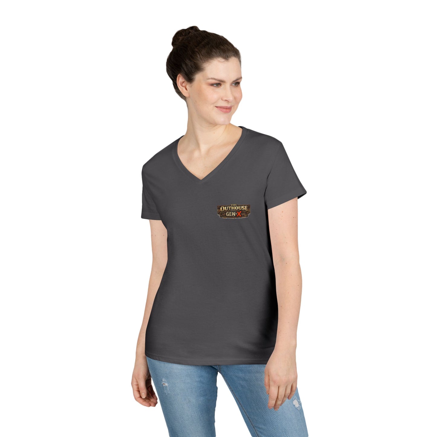 Outhouse Salute V-Neck Tee — Bold Back Graphic Ladies' T-Shirt