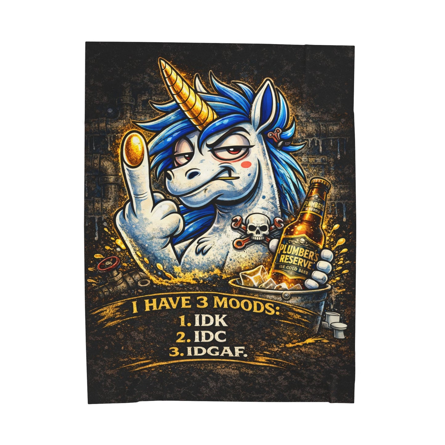 Velveteen Plush Blanket — Funny Unicorn ‘I Have 3 Moods: IDK, IDC, IDGAF’ Throw