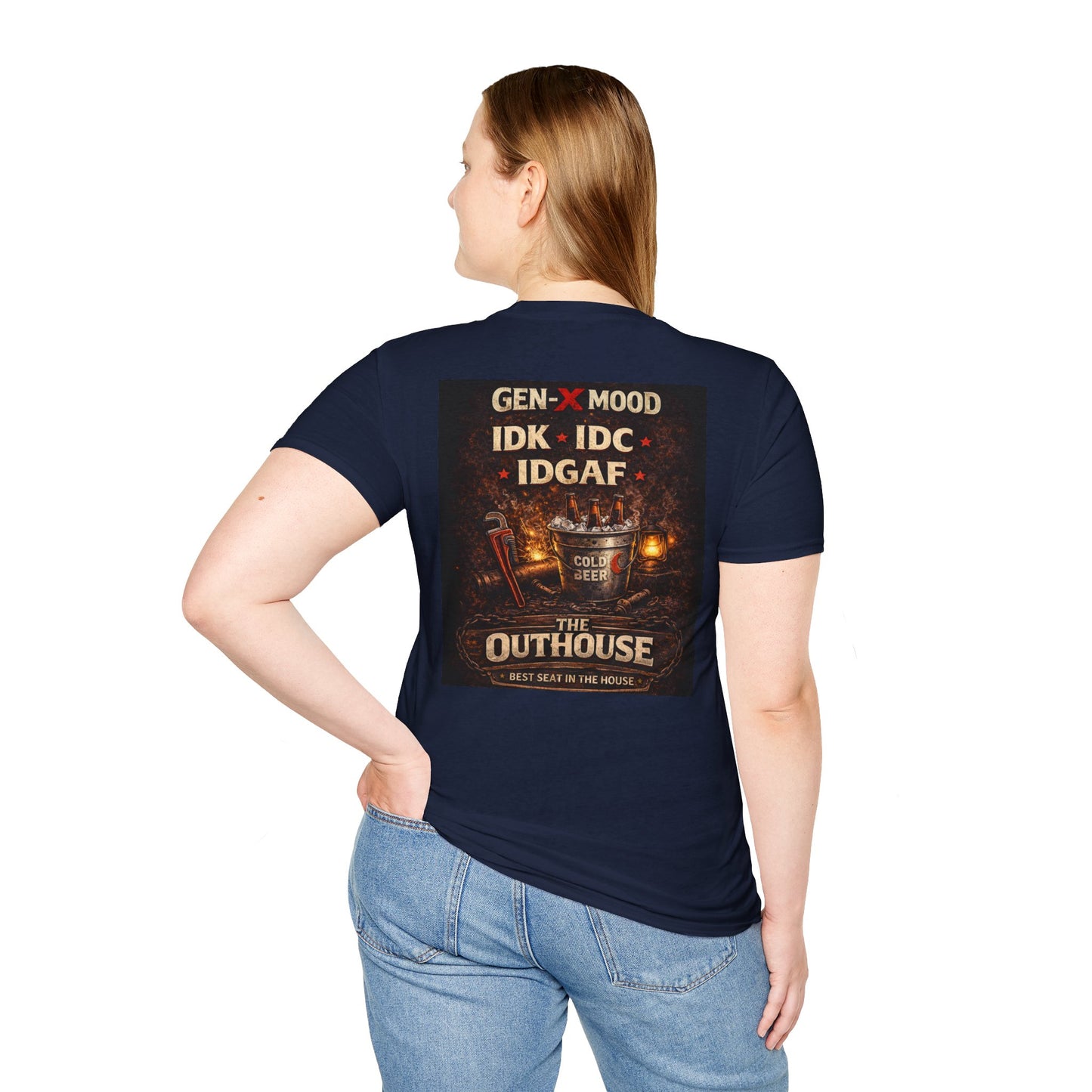 Outhouse Gen-X T-Shirt — "Gen-X Mood: IDK • IDC • IDGAF" Retro Beer Graphic