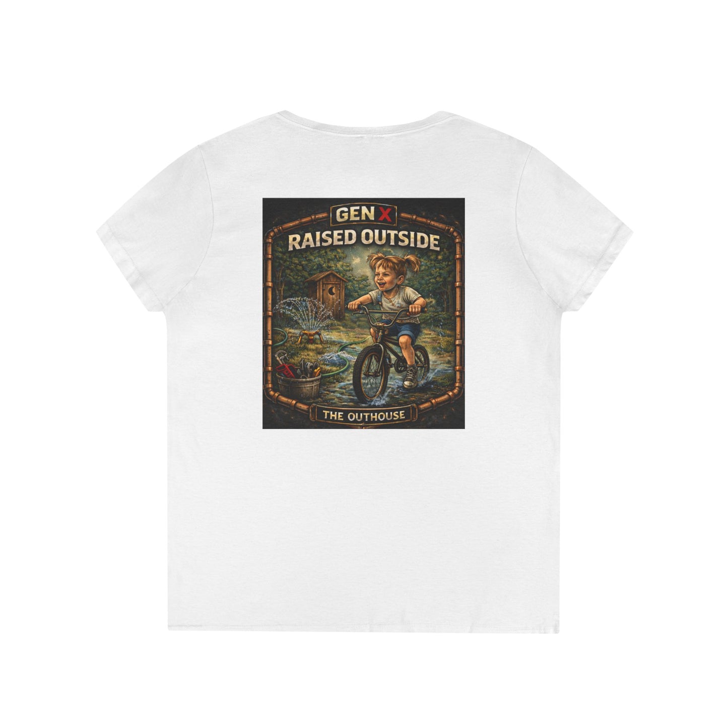 Gen X Raised Outside V‑Neck Tee — "Raised Outside" Retro Bike Graphic