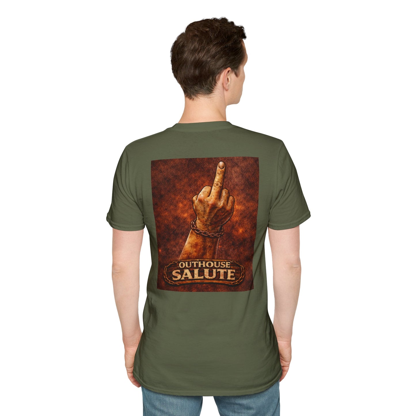 Outhouse Salute T-Shirt — Rustic Hand Gesture Graphic Tee