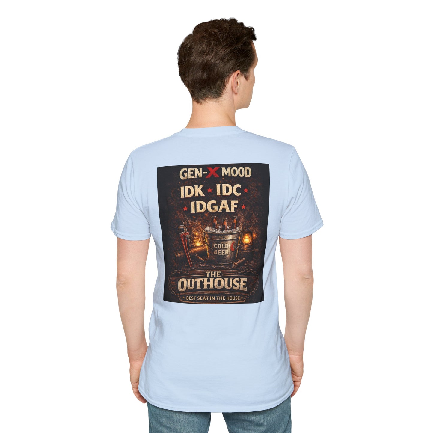 Outhouse Gen-X T-Shirt — "Gen-X Mood: IDK • IDC • IDGAF" Retro Beer Graphic