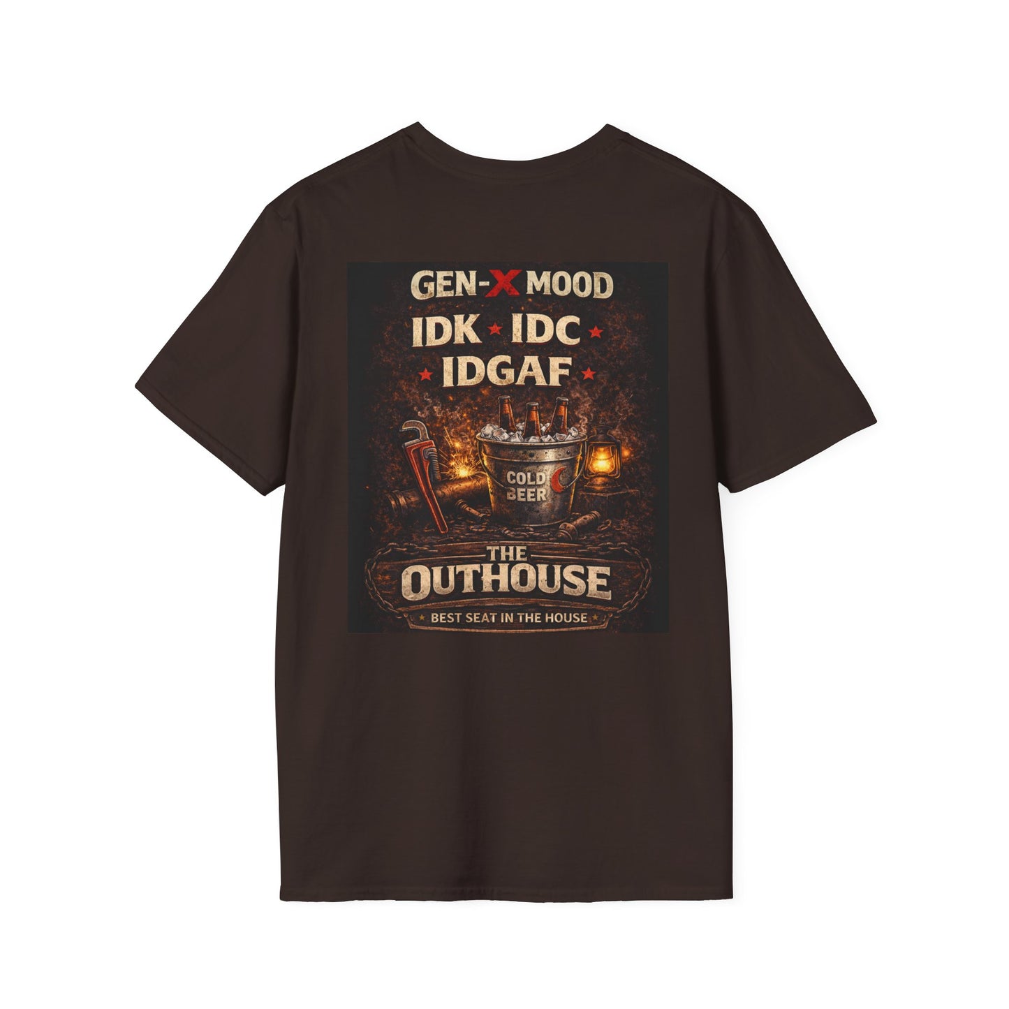 Outhouse Gen-X T-Shirt — "Gen-X Mood: IDK • IDC • IDGAF" Retro Beer Graphic