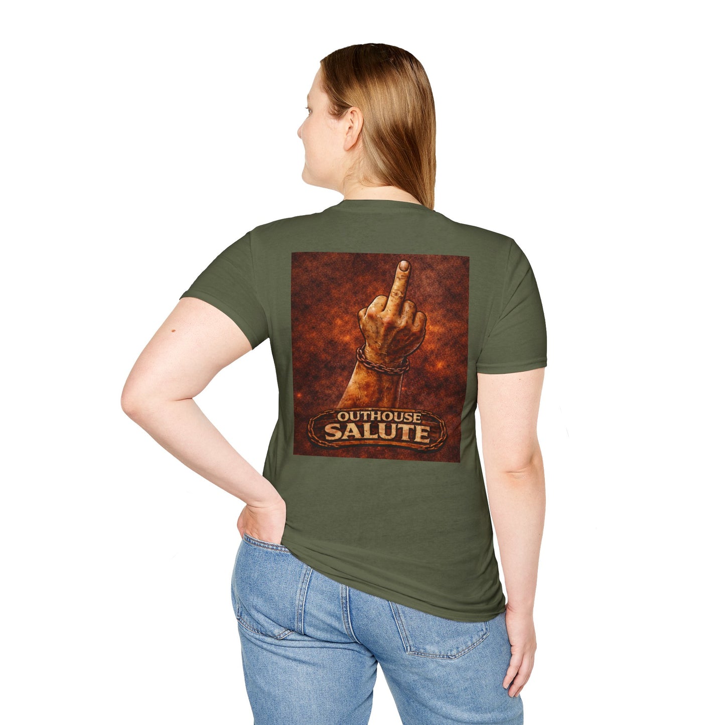 Outhouse Salute T-Shirt — Rustic Hand Gesture Graphic Tee