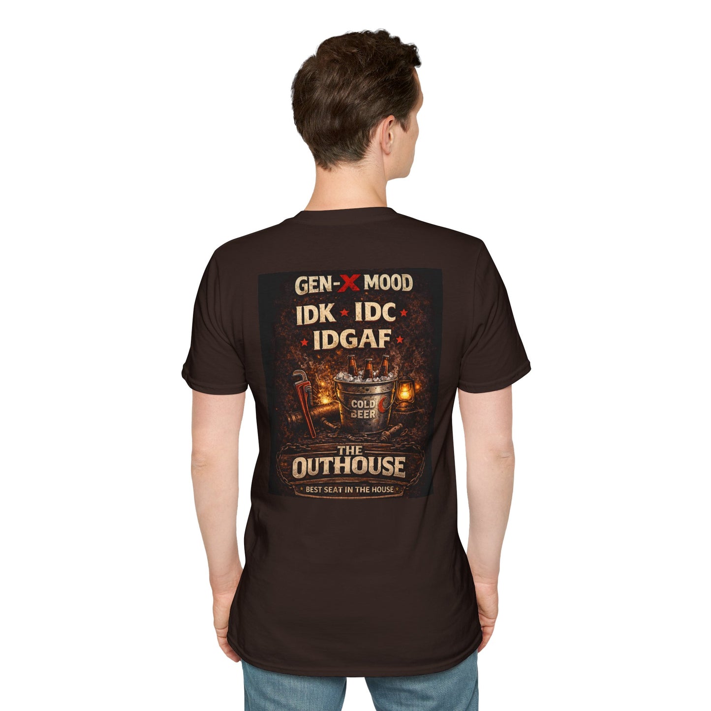 Outhouse Gen-X T-Shirt — "Gen-X Mood: IDK • IDC • IDGAF" Retro Beer Graphic