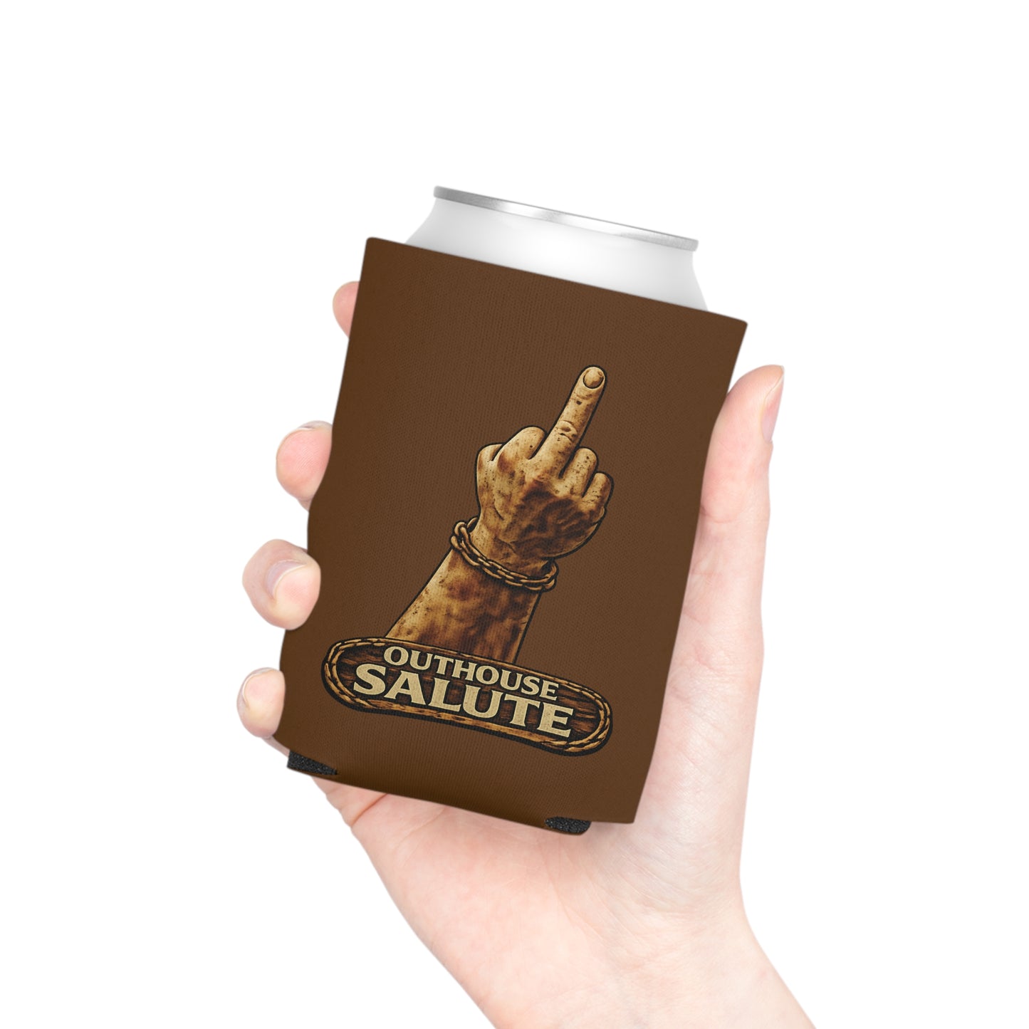Outhouse Salute Can Cooler — Neoprene Koozie for BBQs & Tailgates