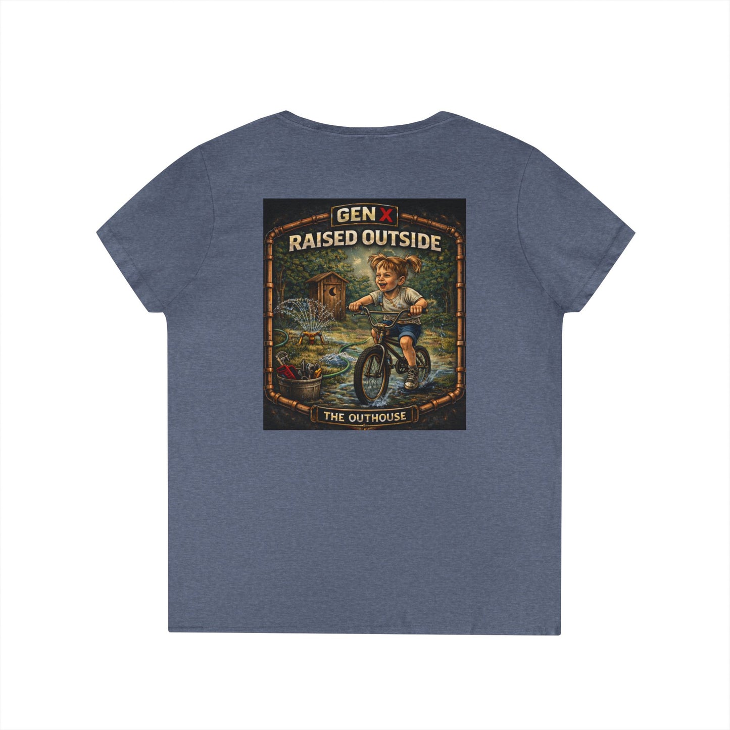 Gen X Raised Outside V‑Neck Tee — "Raised Outside" Retro Bike Graphic