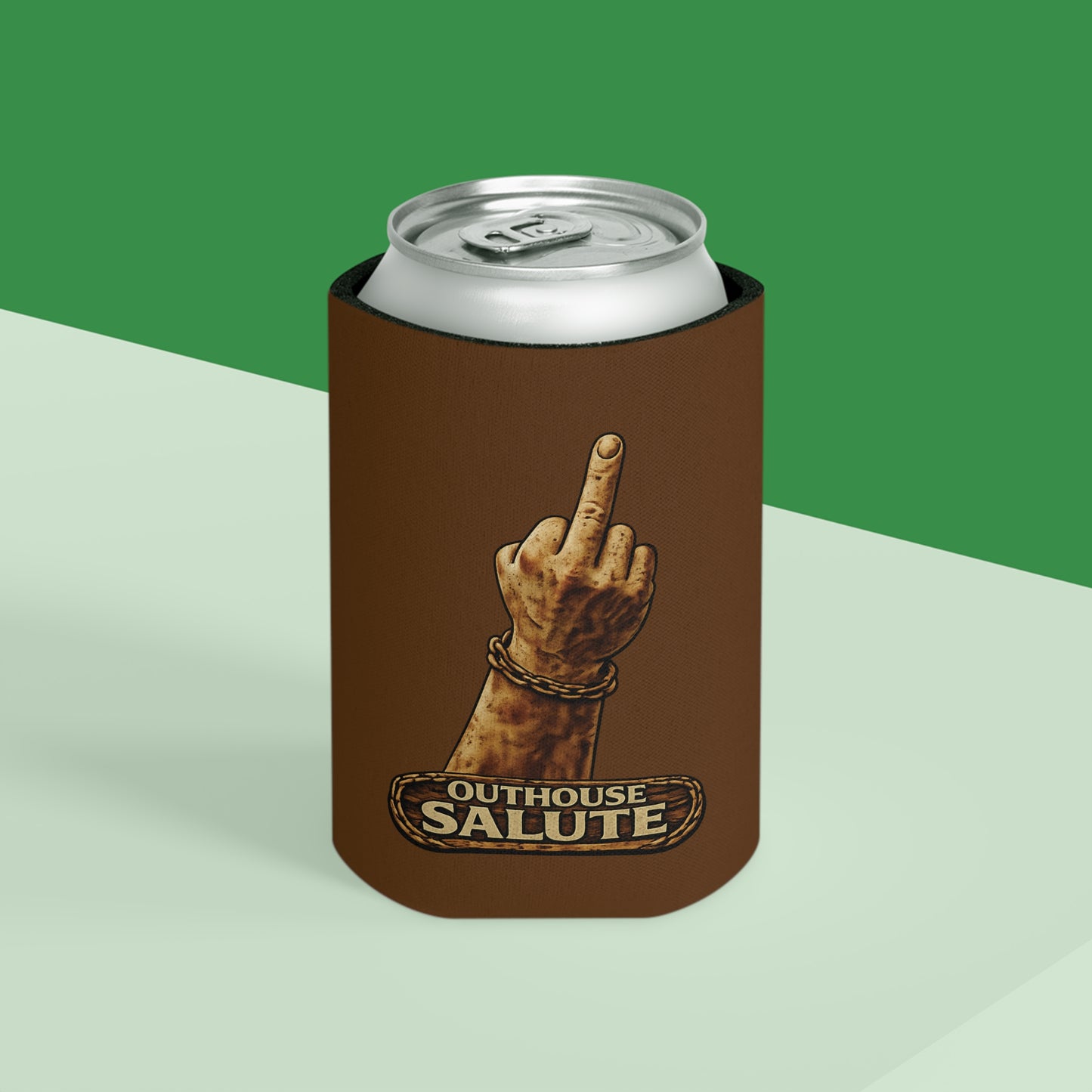 Outhouse Salute Can Cooler — Neoprene Koozie for BBQs & Tailgates
