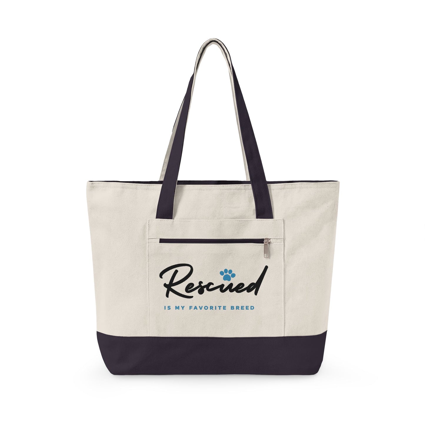 Canvas Tote Bag – "Rescued is My Favorite Breed" Zippered Reusable Shopper