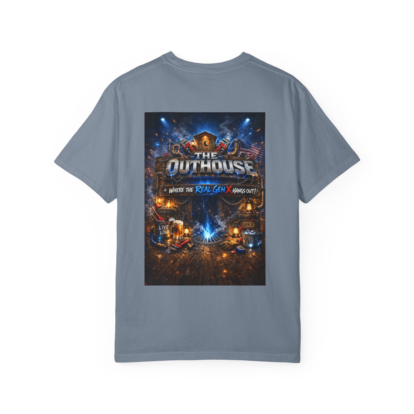 Outhouse Gen X Graphic T-Shirt — Vintage Campfire Adventure Back Print