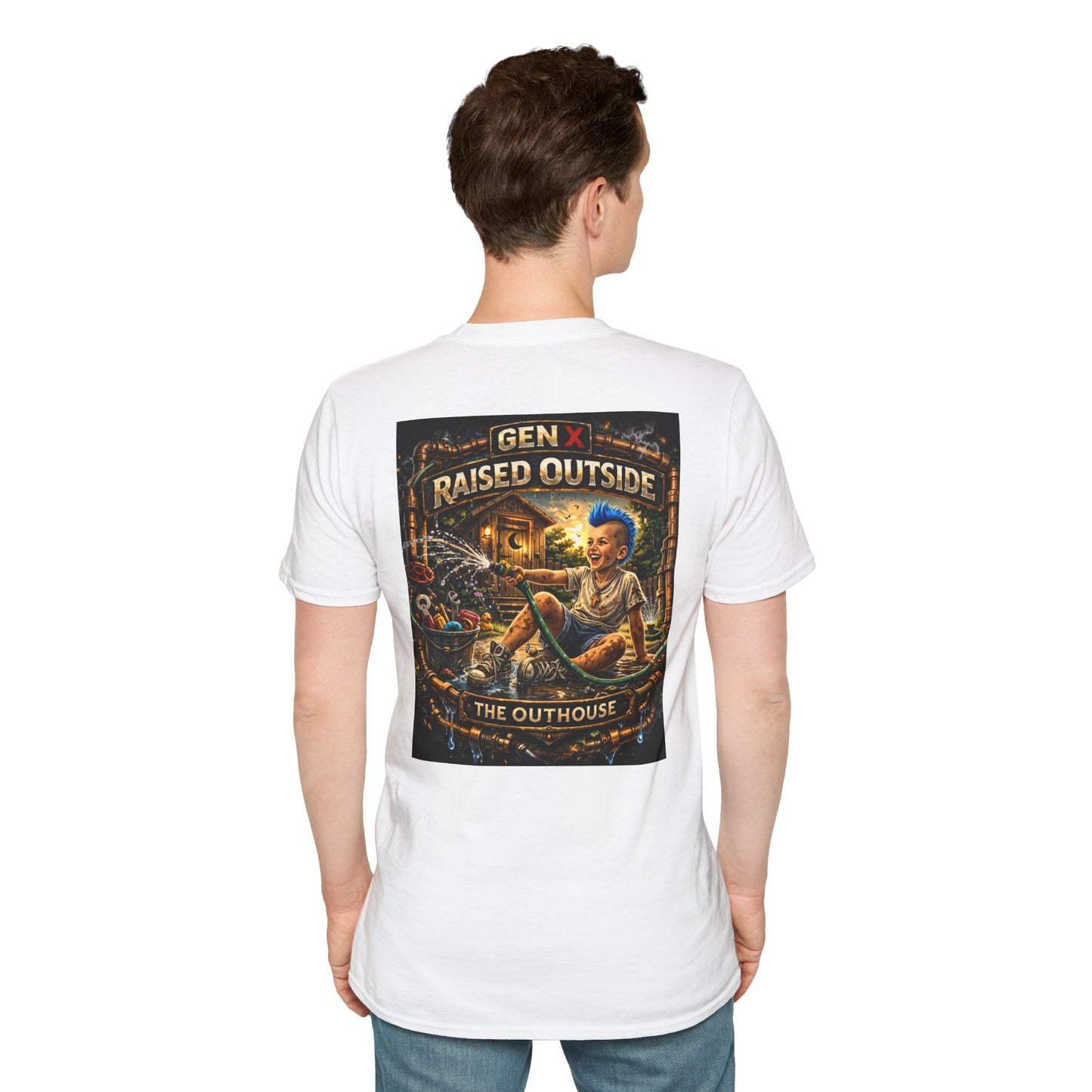 Raised Outside Outhouse Tee — Gen X Retro Outdoor Humor T-Shirt