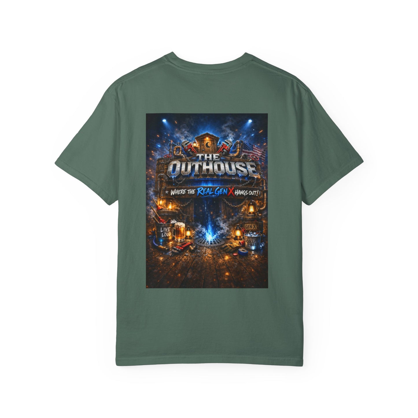Outhouse Gen X Graphic T-Shirt — Vintage Campfire Adventure Back Print
