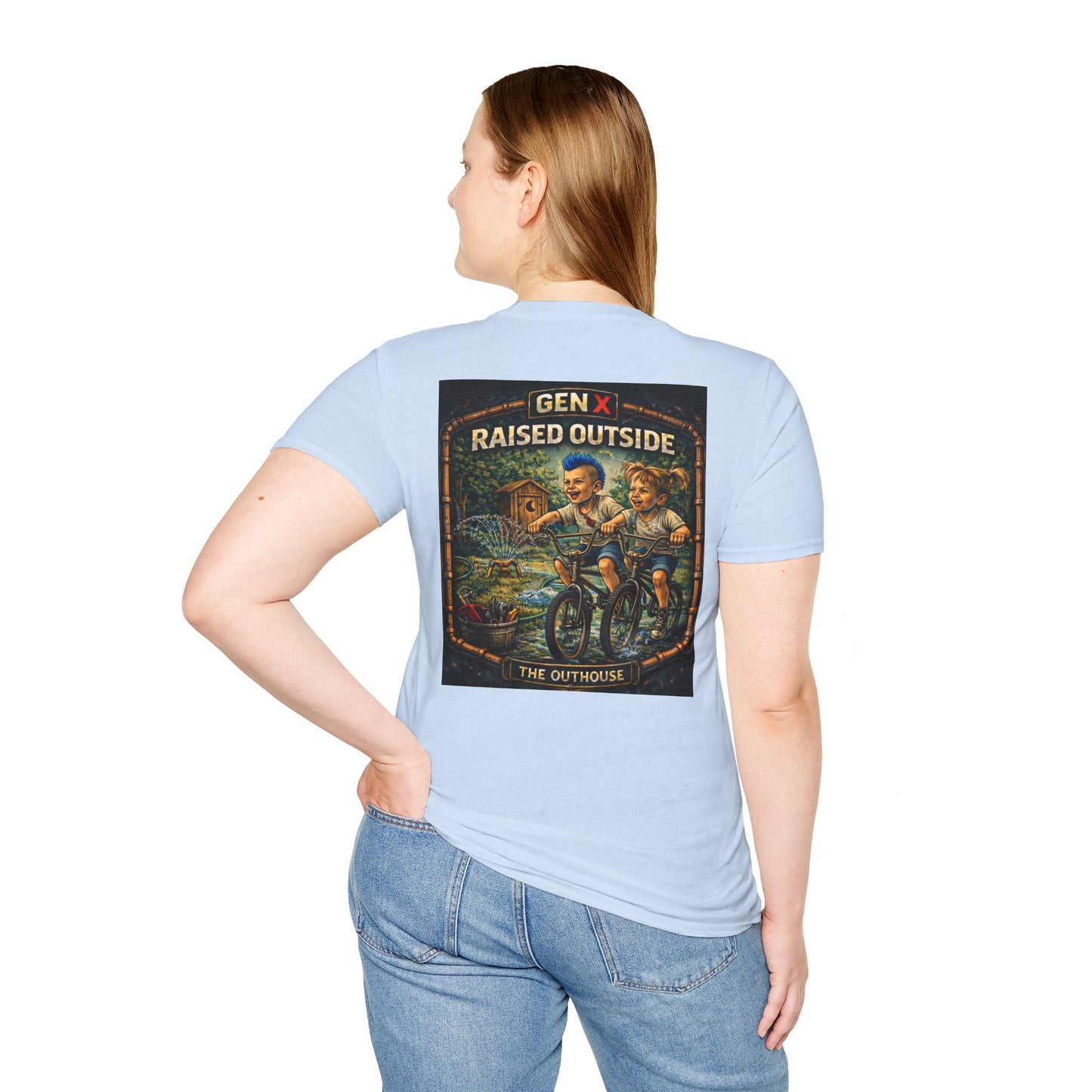 Gen X "Raised Outside" T-Shirt — Retro Outhouse Vintage Graphic Tee