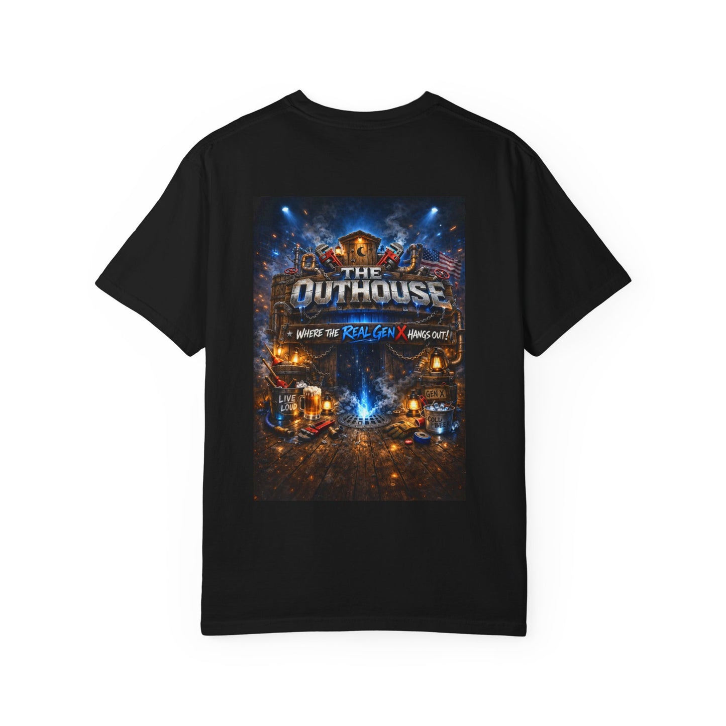Outhouse Gen X Graphic T-Shirt — Vintage Campfire Adventure Back Print