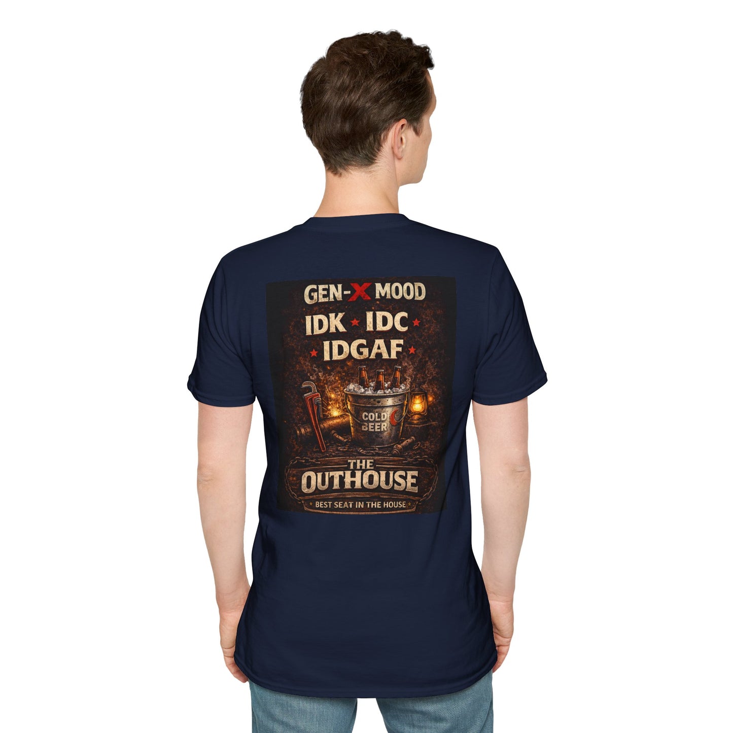 Outhouse Gen-X T-Shirt — "Gen-X Mood: IDK • IDC • IDGAF" Retro Beer Graphic