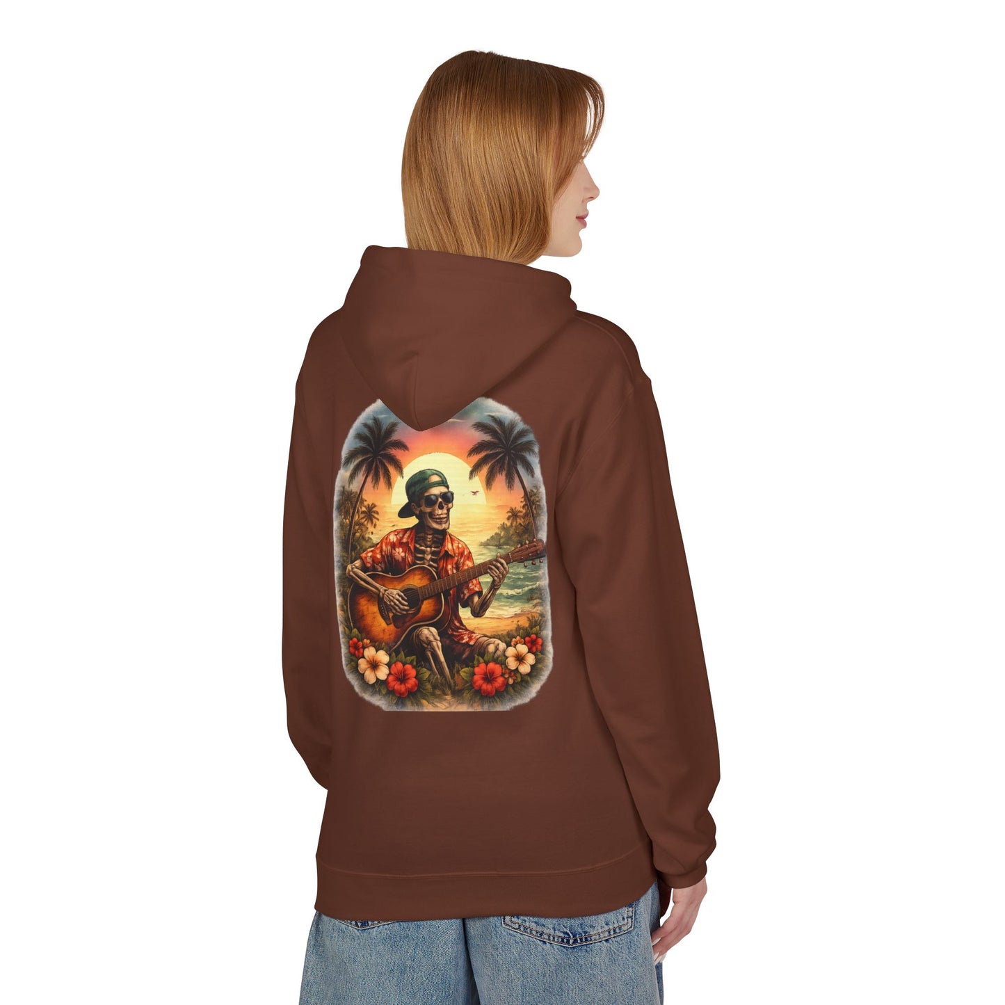 Hawaiian Skeleton Guitar Hoodie — Sunset Palm Vintage Rock Pullover