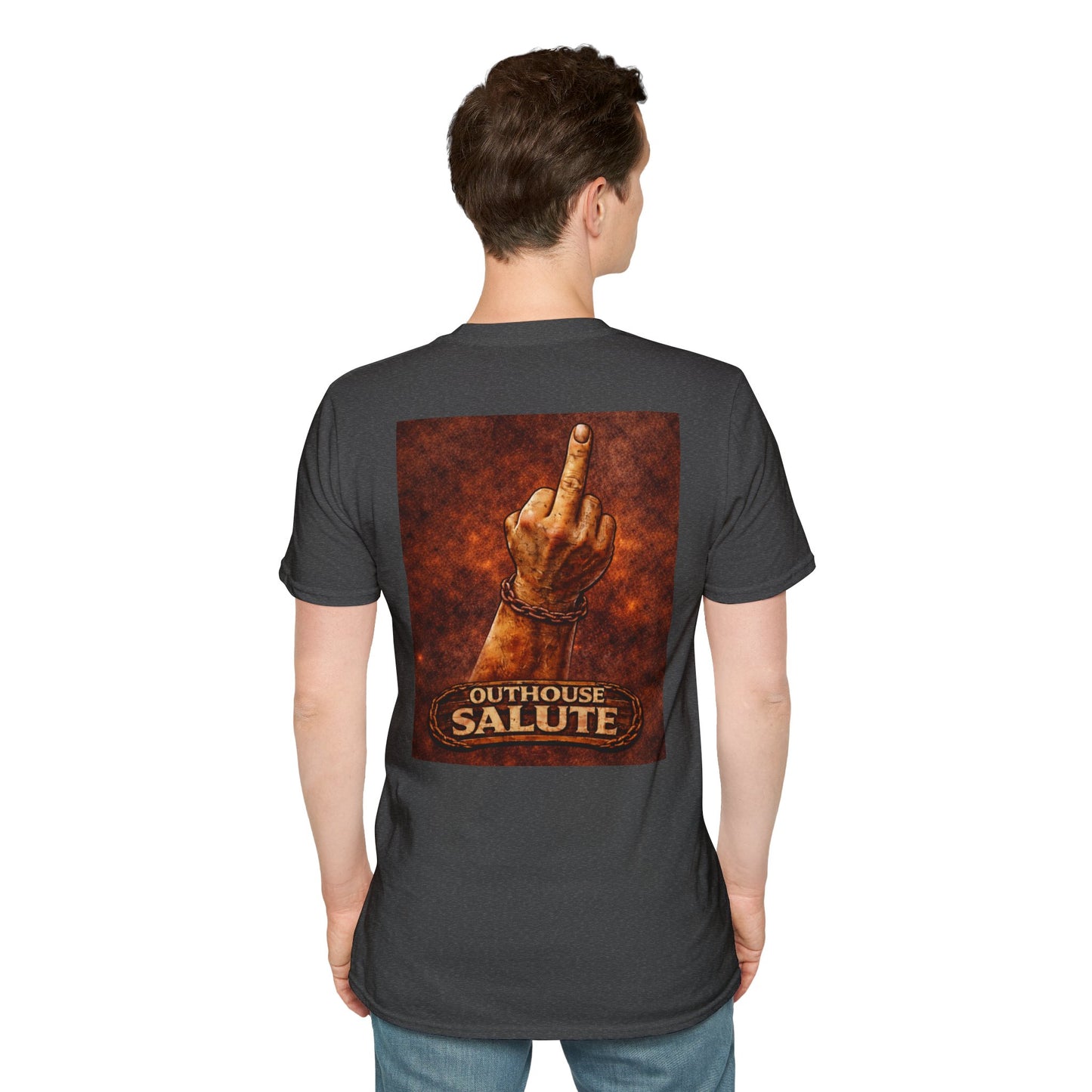 Outhouse Salute T-Shirt — Rustic Hand Gesture Graphic Tee
