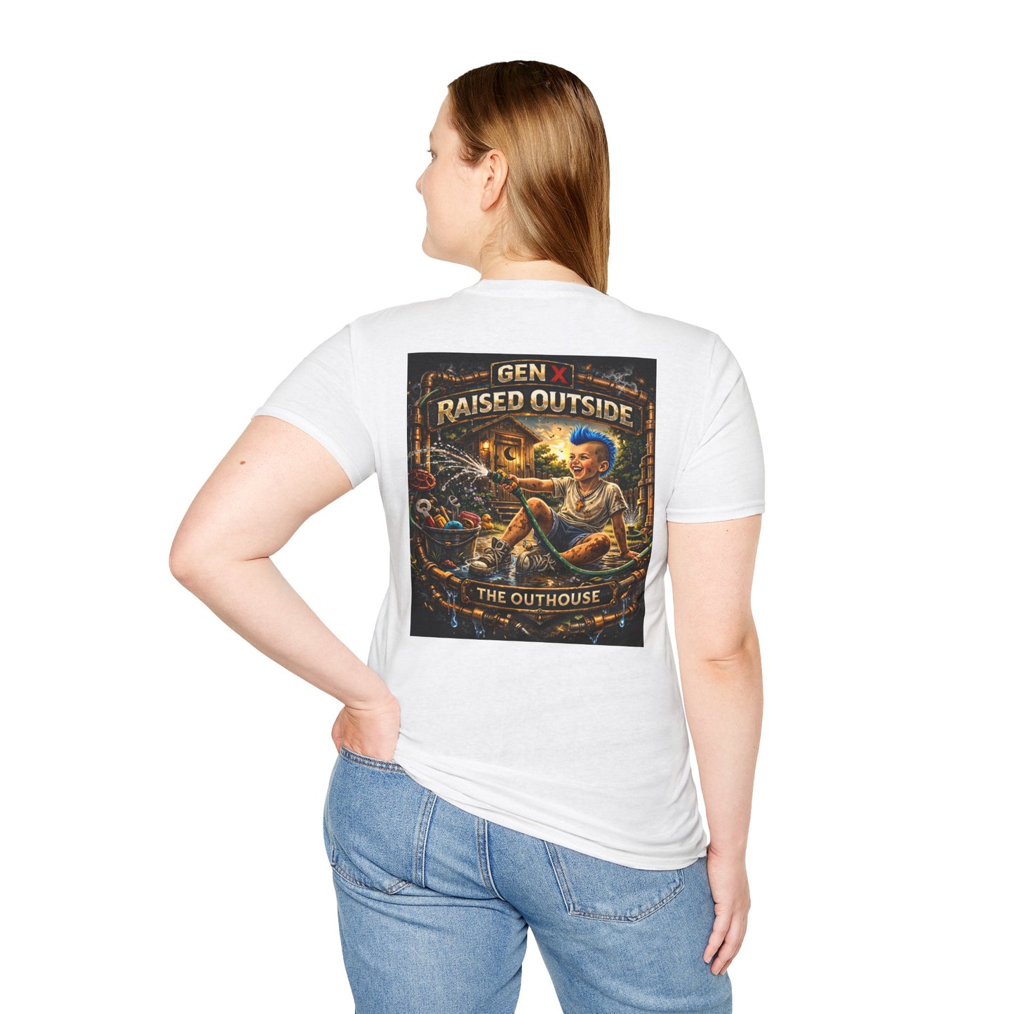 Raised Outside Outhouse Tee — Gen X Retro Outdoor Humor T-Shirt