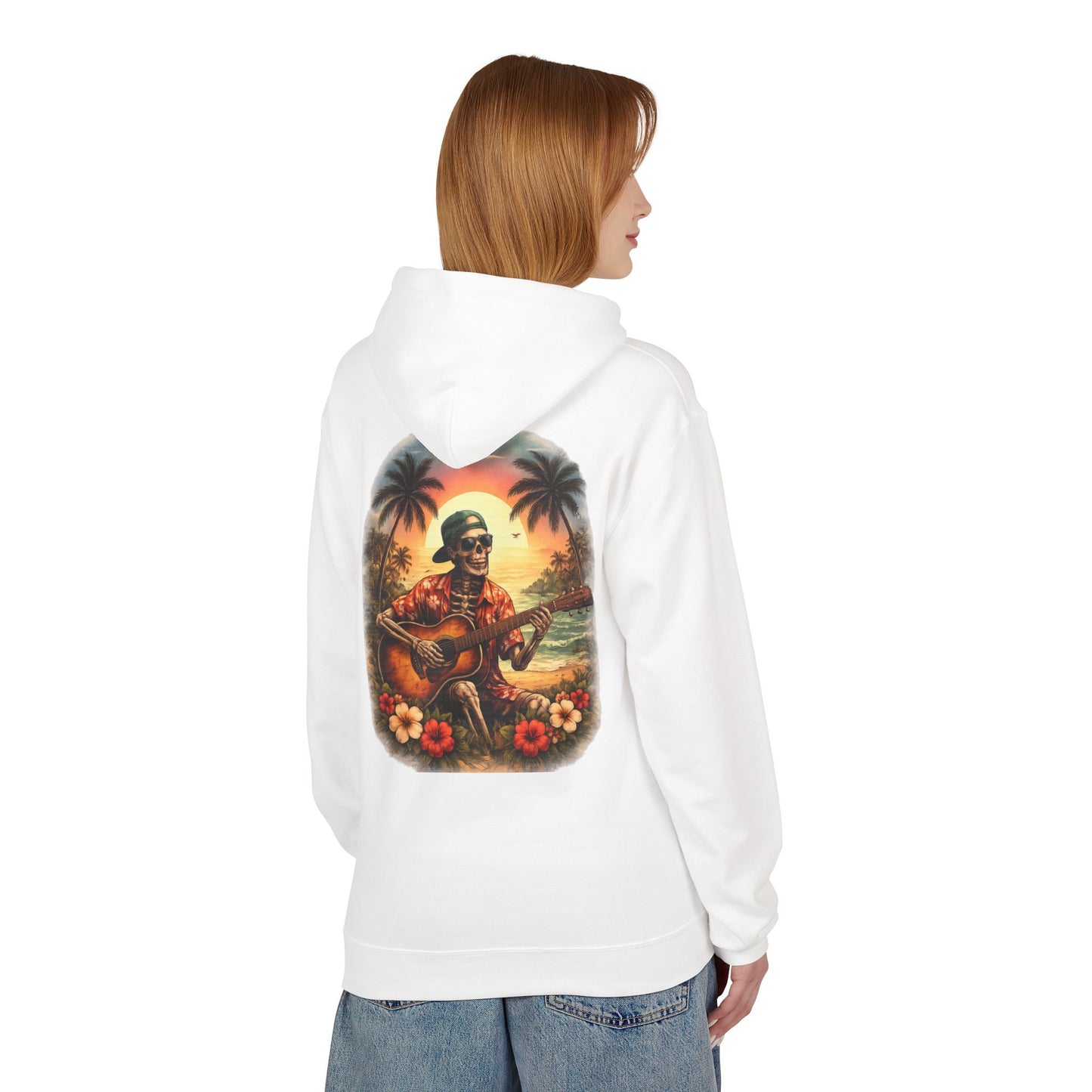 Hawaiian Skeleton Guitar Hoodie — Sunset Palm Vintage Rock Pullover