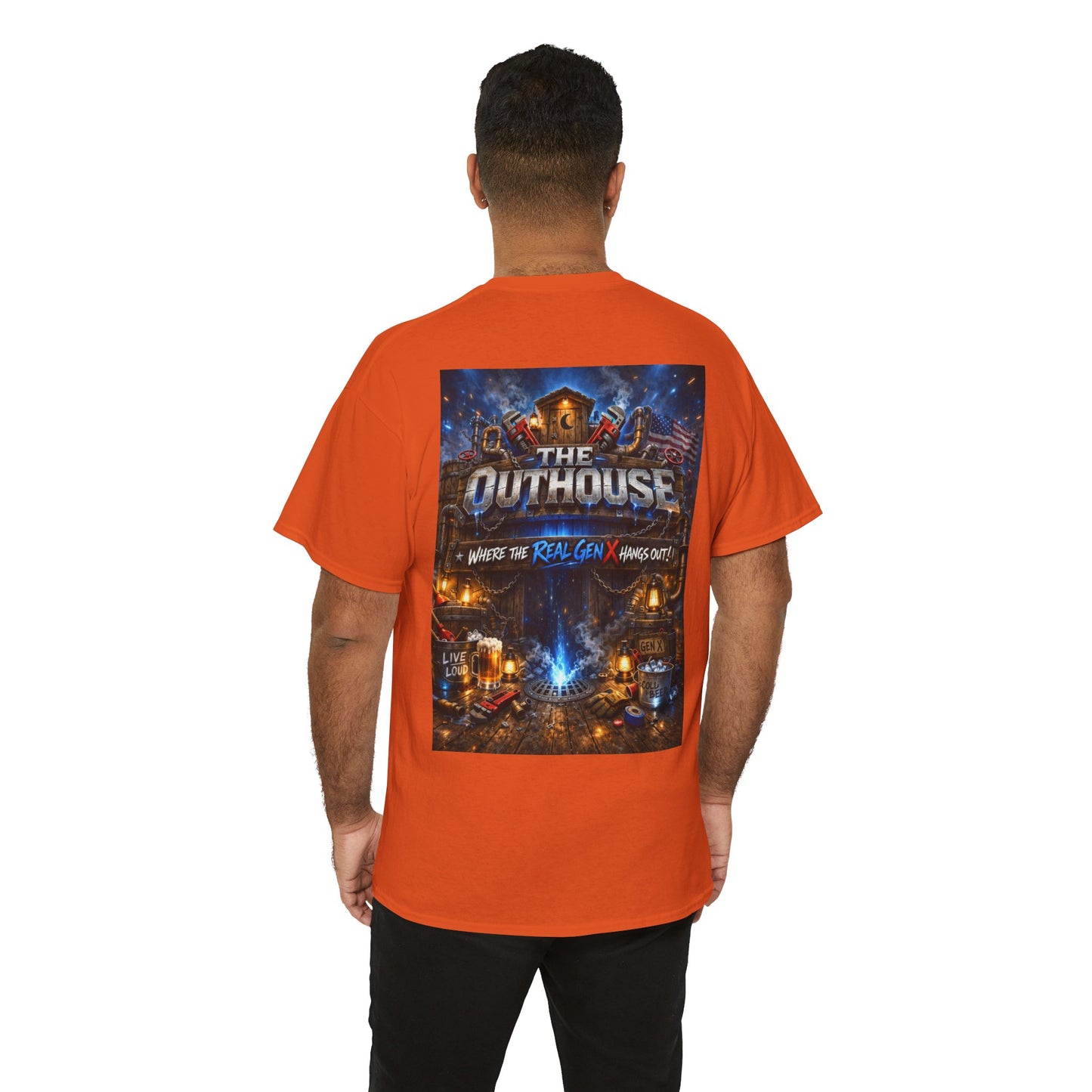 The Outhouse Gen X Tee — Retro Campfire Nostalgia Graphic T-Shirt