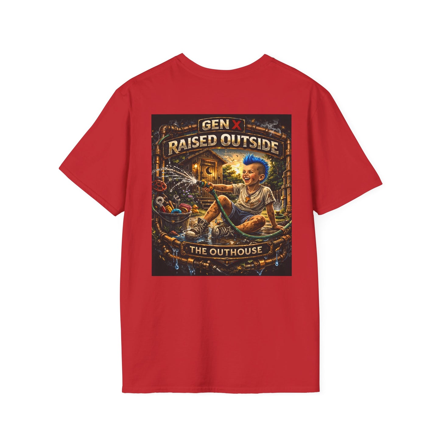Raised Outside Outhouse Tee — Gen X Retro Outdoor Humor T-Shirt