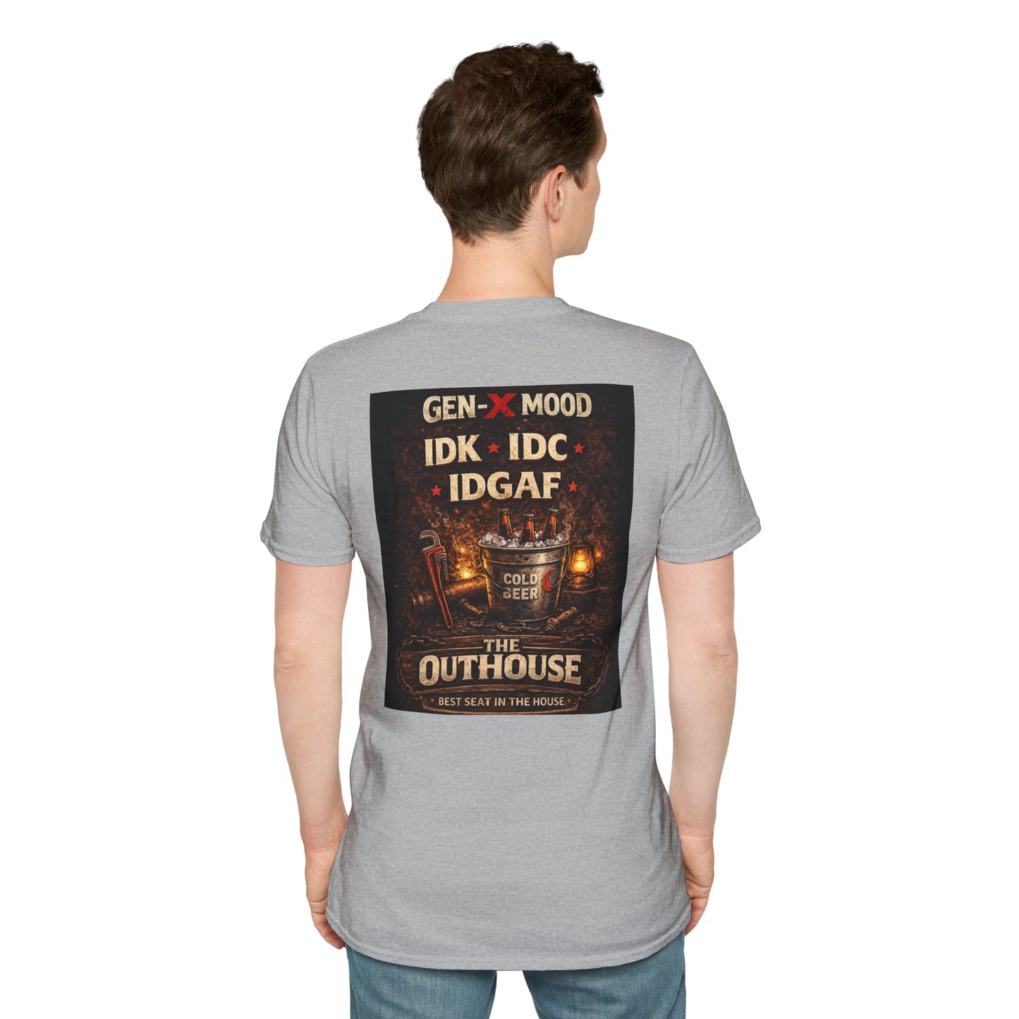 Outhouse Gen-X T-Shirt — "Gen-X Mood: IDK • IDC • IDGAF" Retro Beer Graphic
