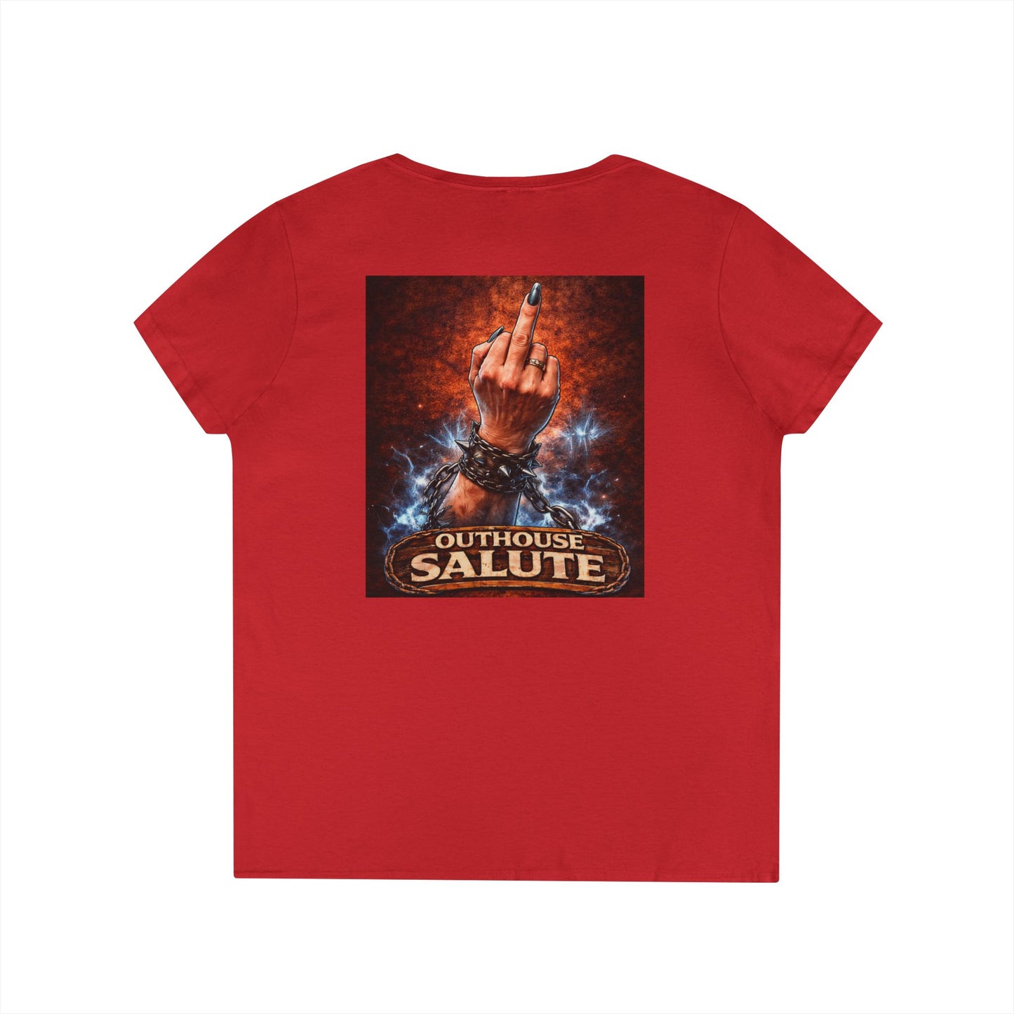 Outhouse Salute V-Neck Tee — Bold Back Graphic Ladies' T-Shirt