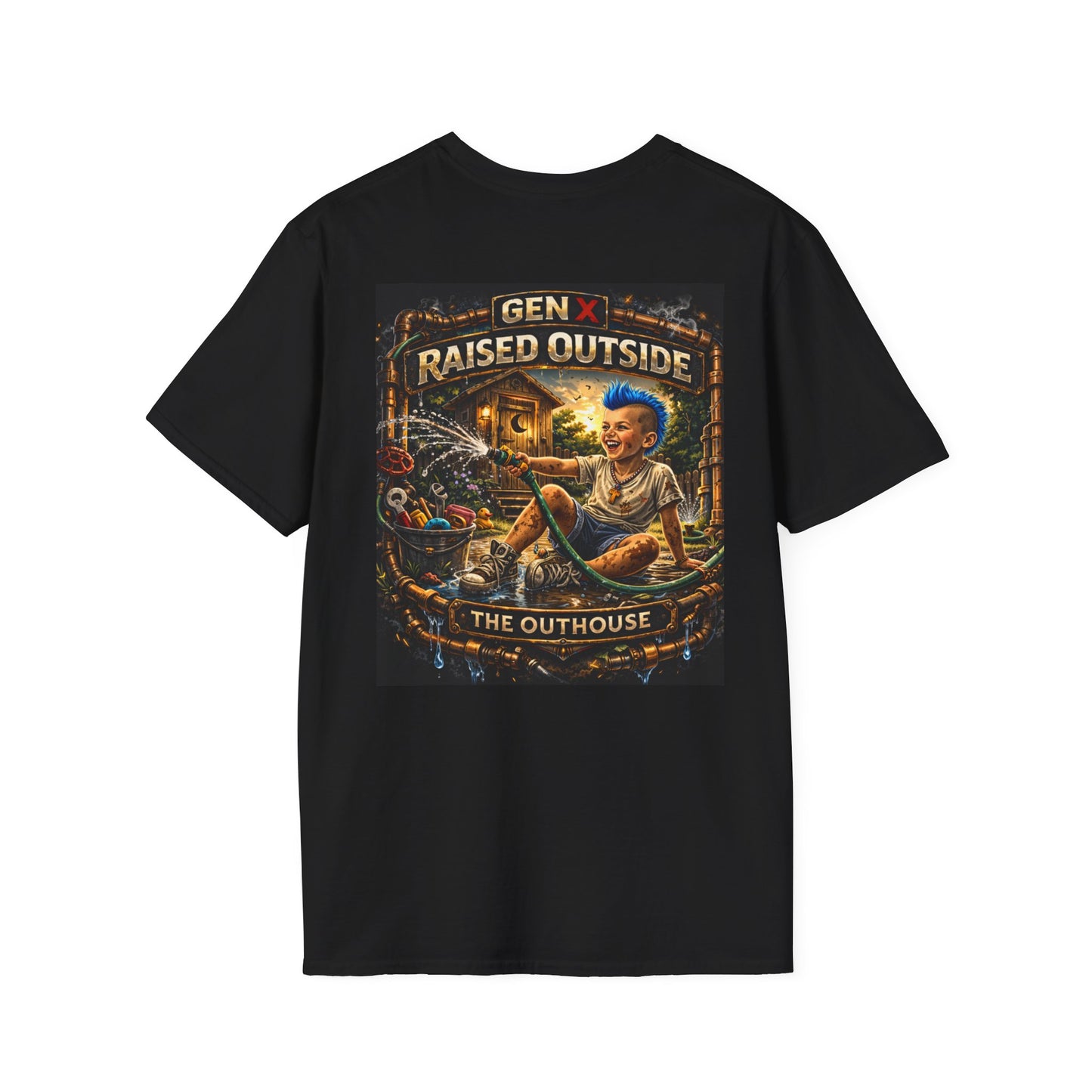 Raised Outside Outhouse Tee — Gen X Retro Outdoor Humor T-Shirt