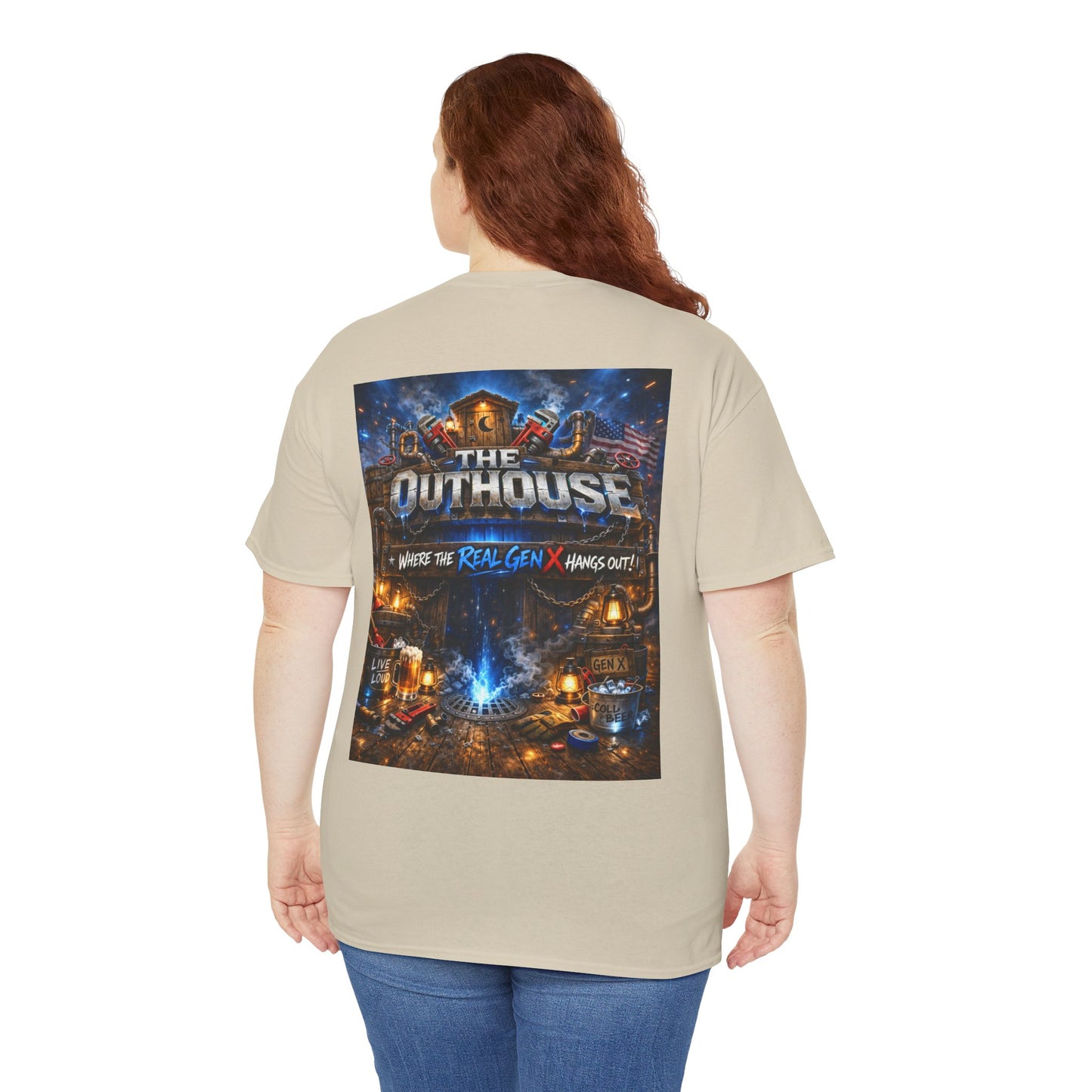 The Outhouse Gen X Tee — Retro Campfire Nostalgia Graphic T-Shirt