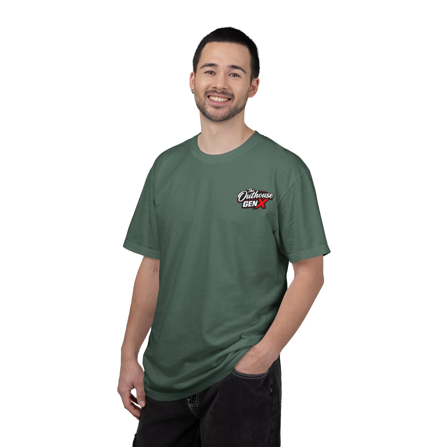 Outhouse Gen X Graphic T-Shirt — Vintage Campfire Adventure Back Print