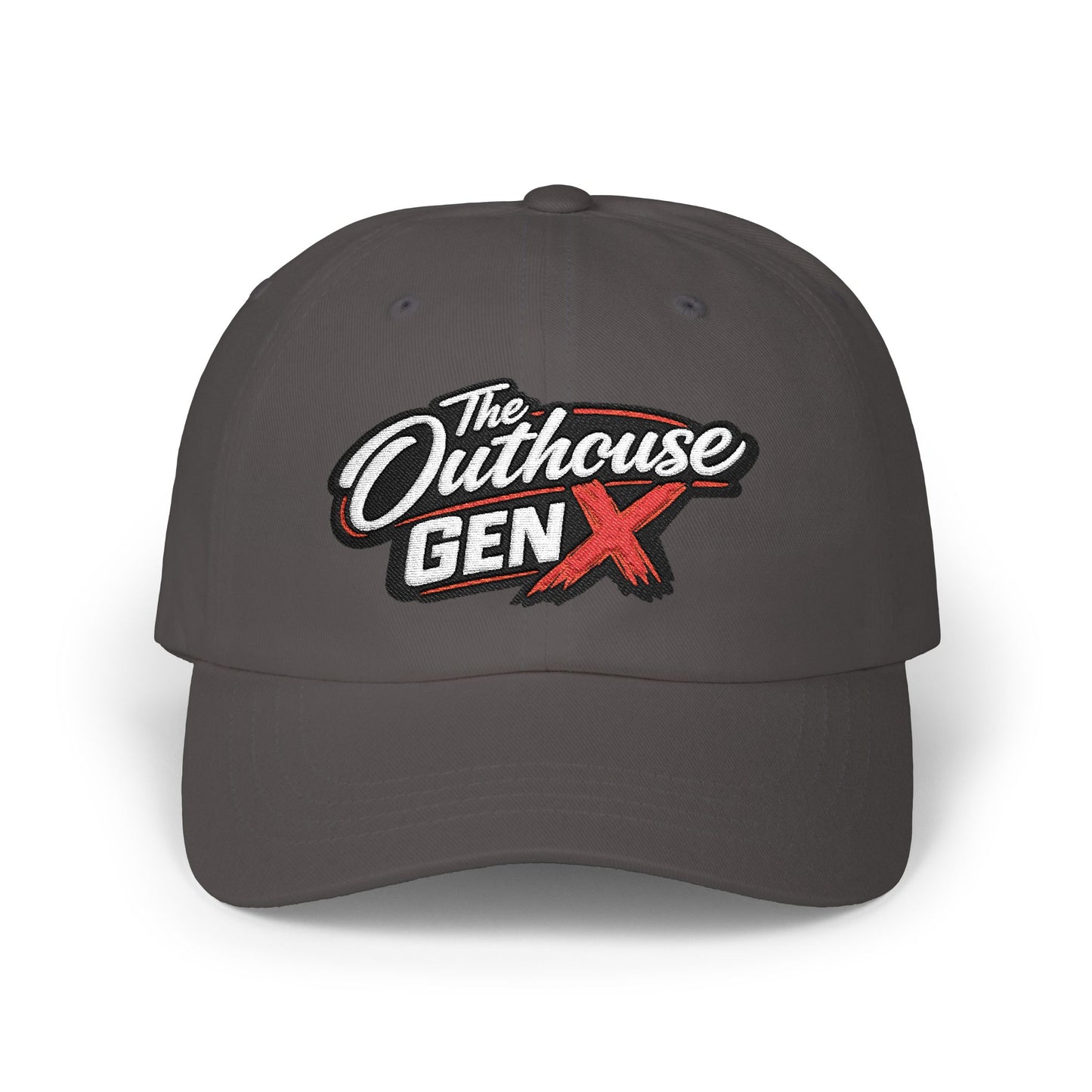 Outhouse Gen‑X Dad Cap — Bold Red X Logo Hat