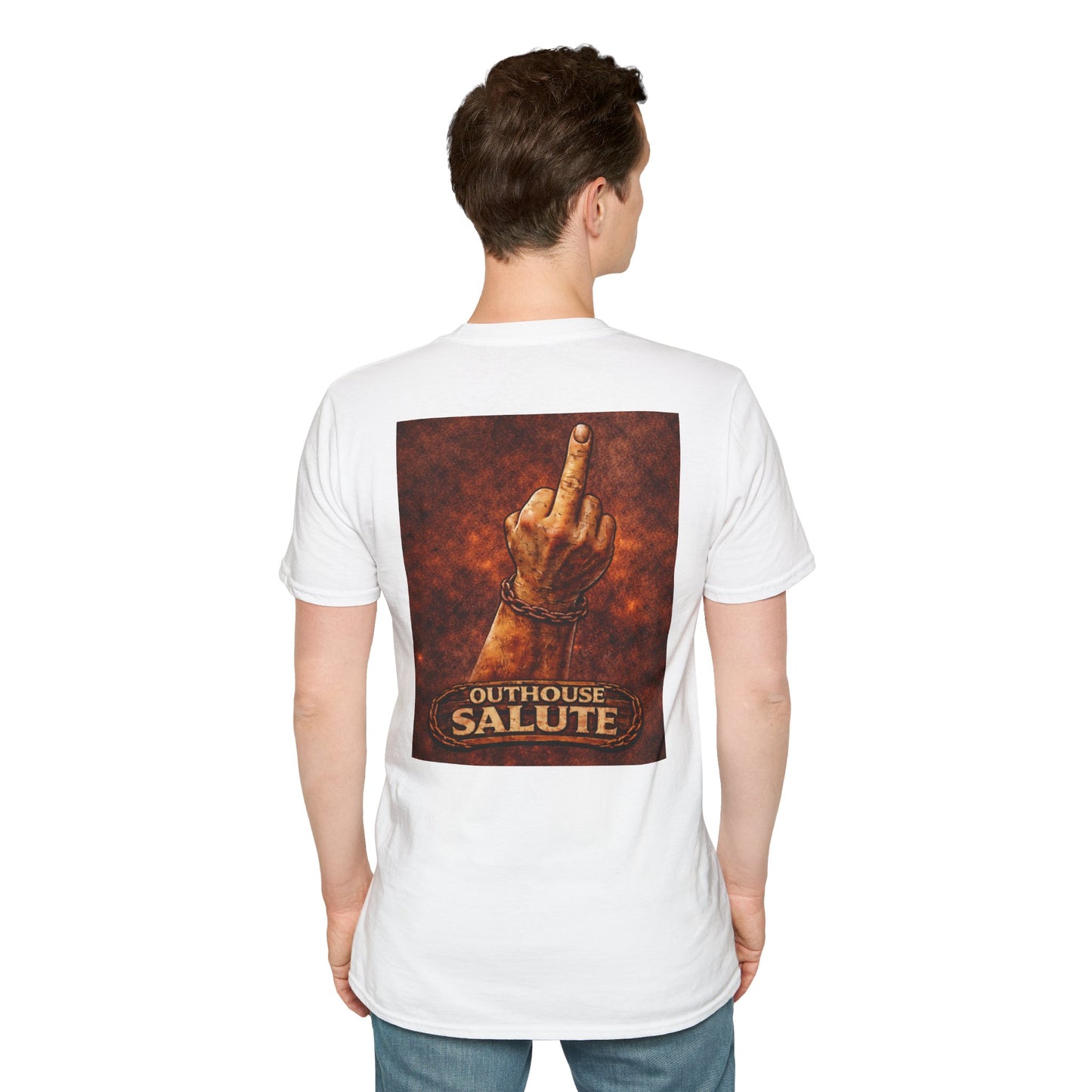 Outhouse Salute T-Shirt — Rustic Hand Gesture Graphic Tee