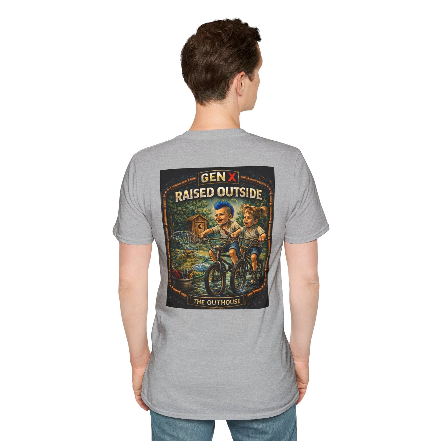 Gen X "Raised Outside" T-Shirt — Retro Outhouse Vintage Graphic Tee